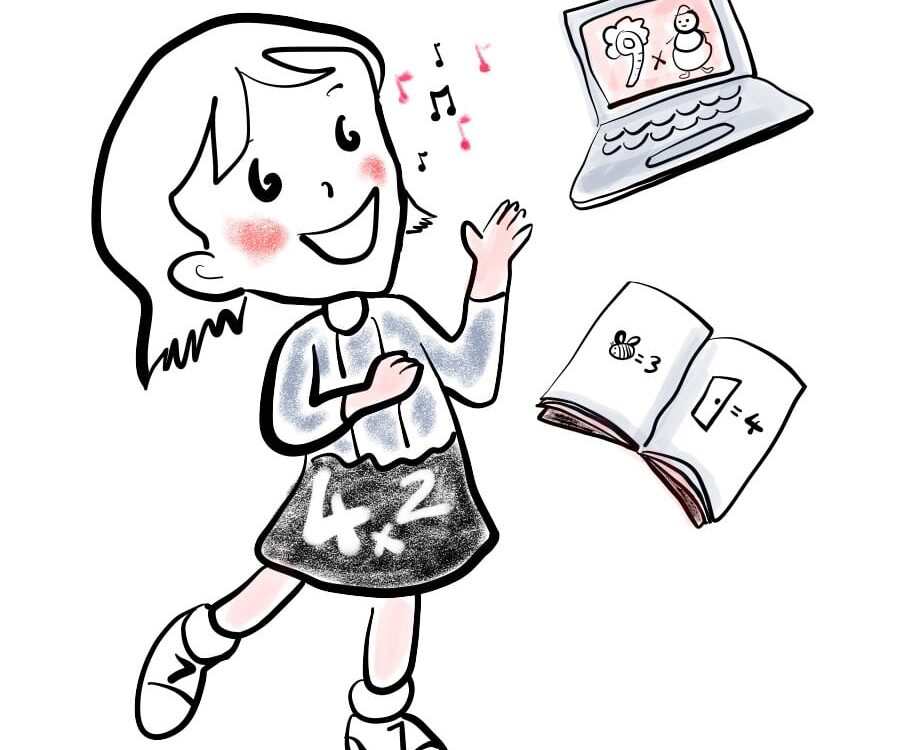Child writing a multiplication problem in a notebook at the kitchen table — product definition math explained